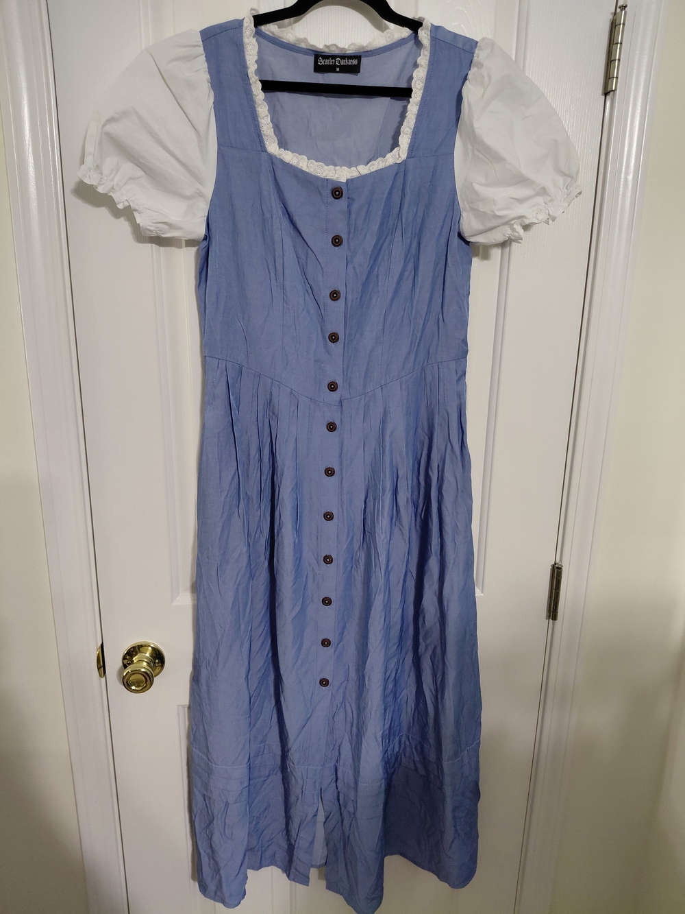 SCARLETT DARKNESS Blue Button-Front Casual Dress with White Puff Sleeves